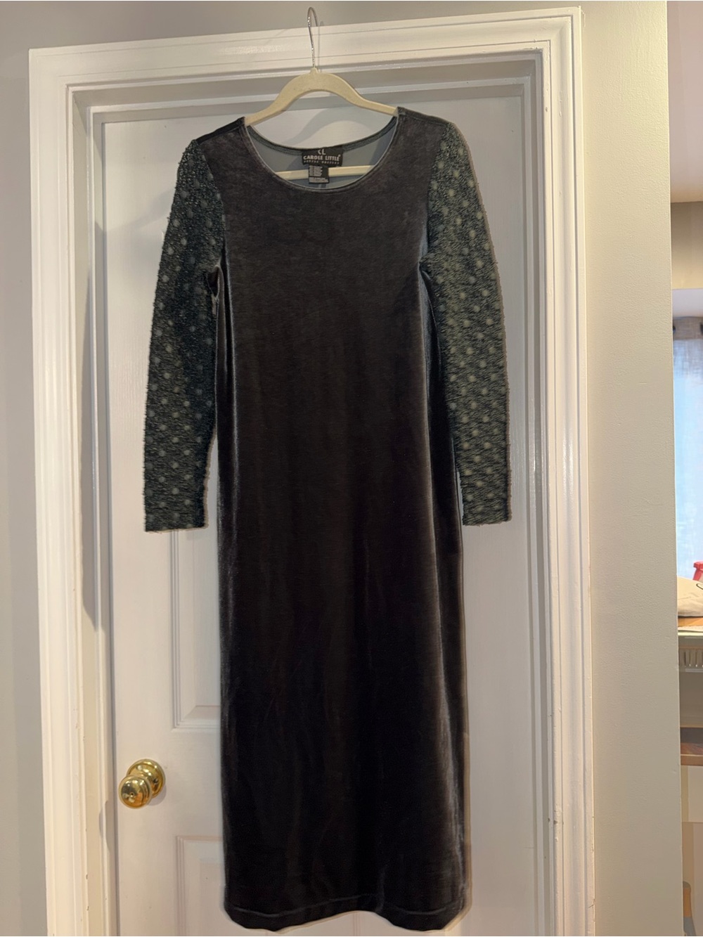 Carole Little Black Velvet Long Dress with Patterned Gray Sleeves